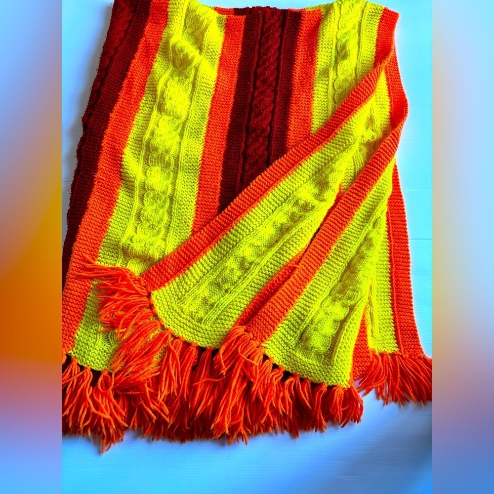 Vintage Retro 70’s Orange and Yellow Knitted Blanket (68x50 inches)